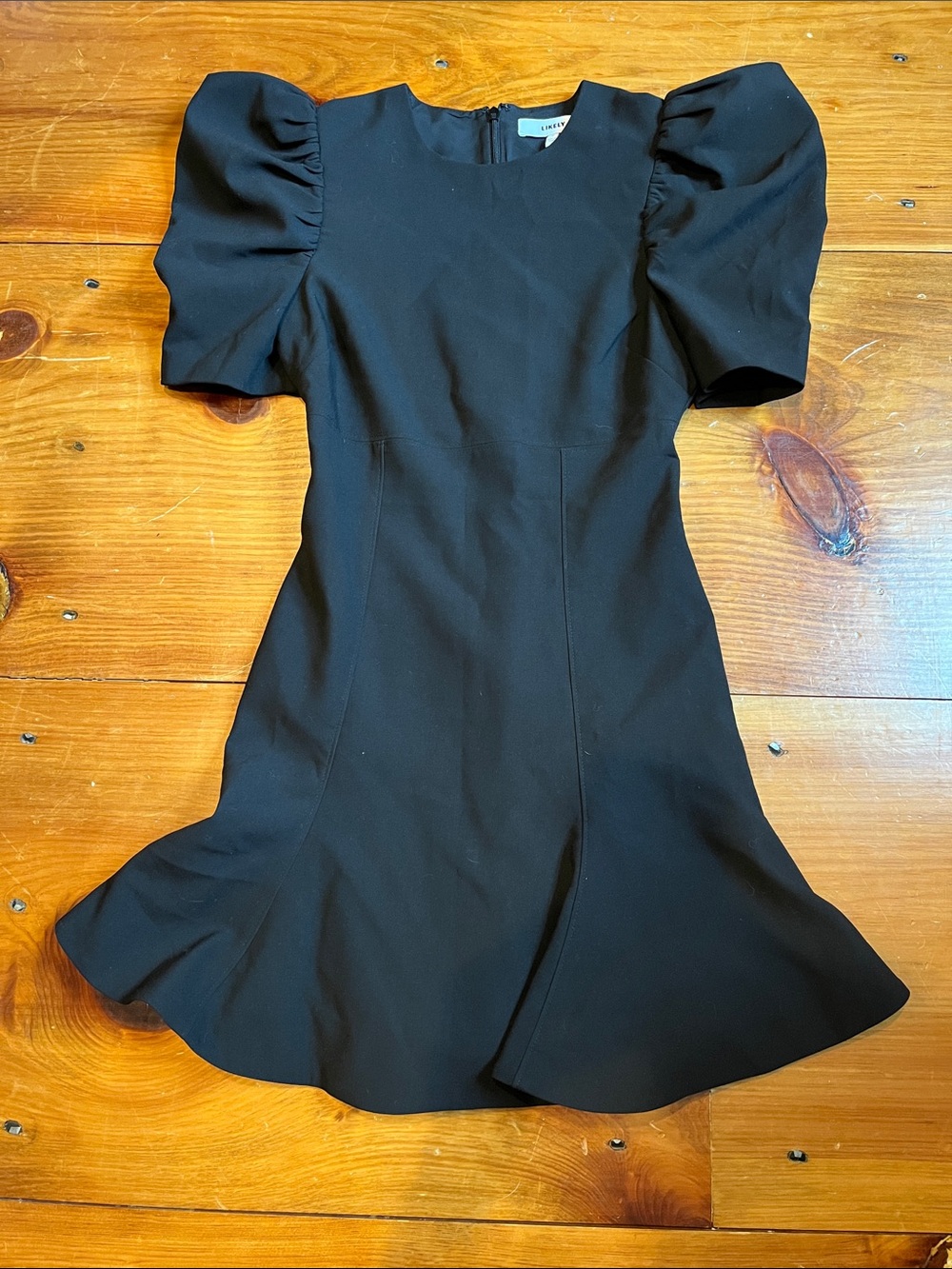 LIKELY 0 Black Alia Puff-Sleeve Fit & Flare Dress Crepe